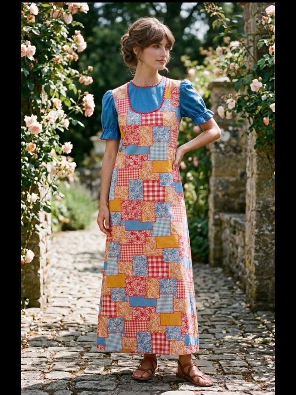 Handmade VTG  1970s Patchwork Puff Sleeve Ditsy Floral Cottage Prairie Dress XL